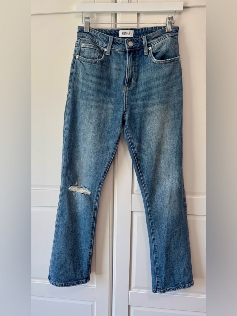 Pistola Revolve High-Rise Washed Blue Straight Mini Bootcut Leg Jeans w Knee Rip